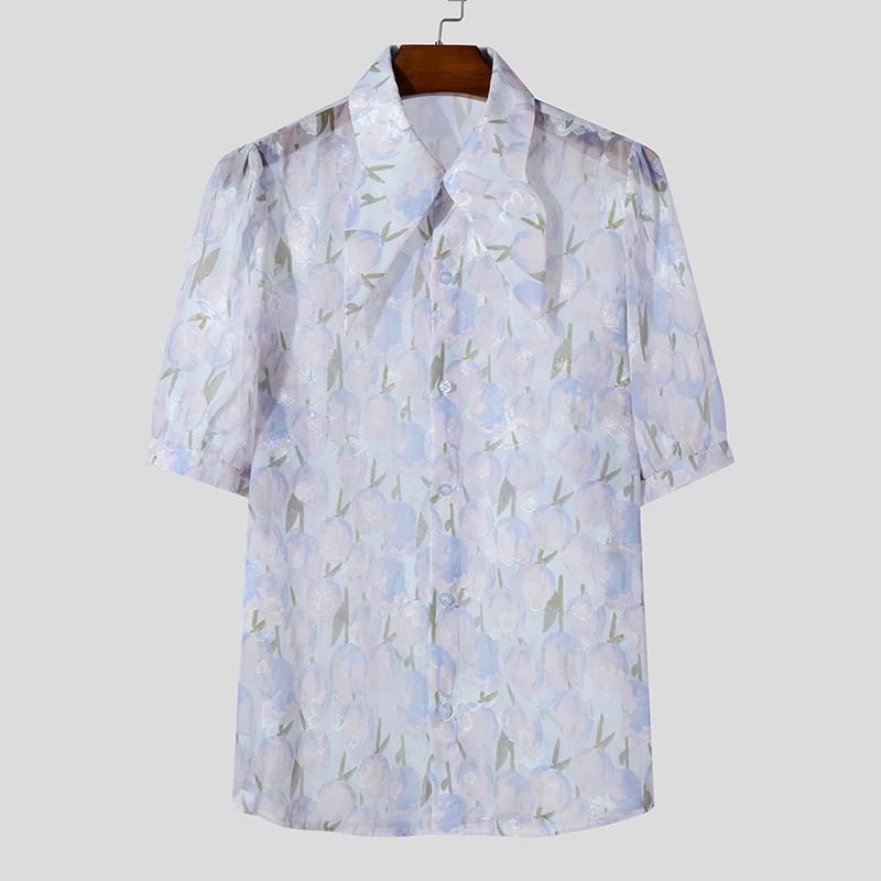 

INCERUN Summer Men Short Sleeve Floral Print See Through Perspective Tops Shirts синий