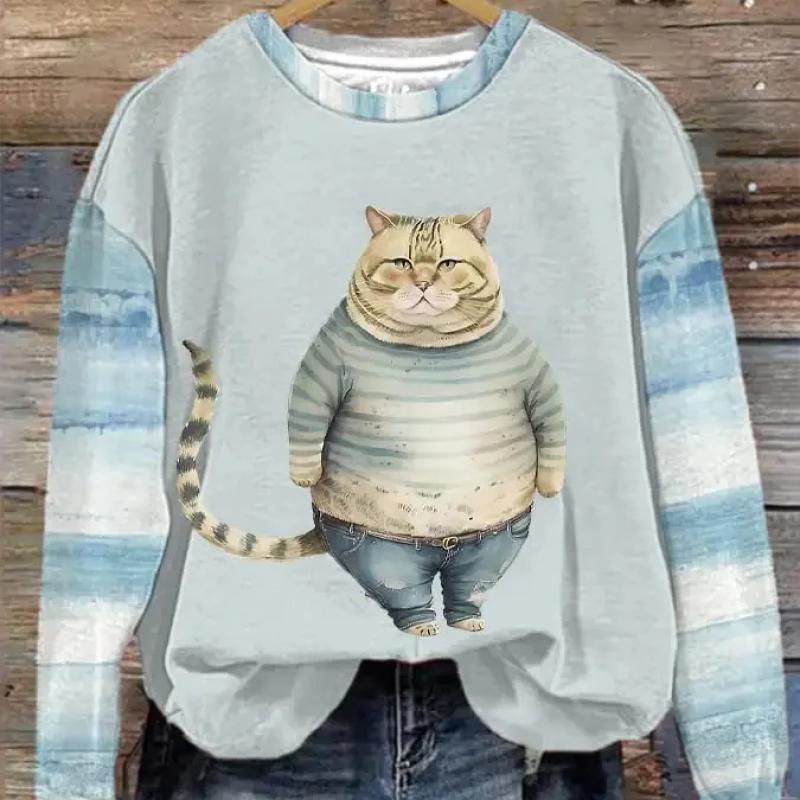 Stripet katt hettegenser for kvinner Mote O-hals genser Topp Uformell Streetwear Dame Genser Hip-Hop Dame Genser Klær