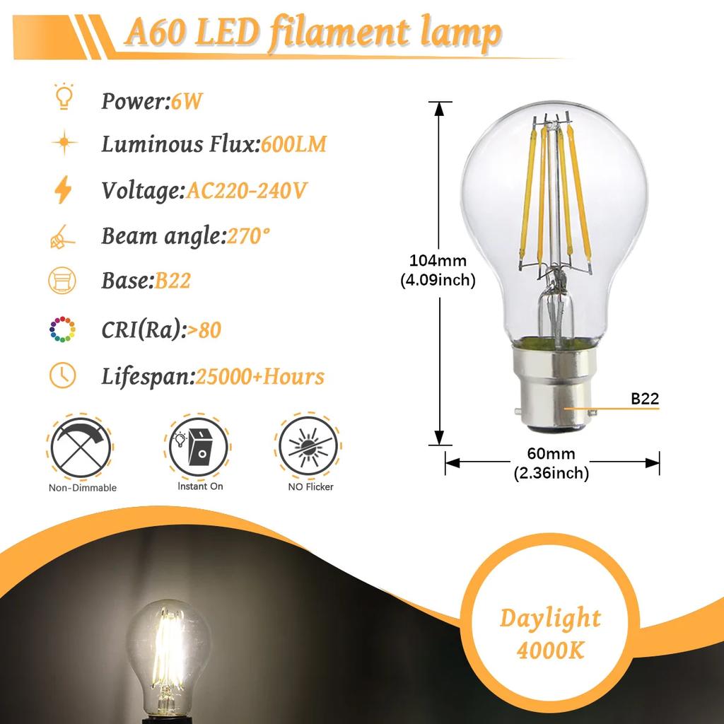 6PCS LED Filament Light Bulb Retro Edison E27 E14 B22 4000K 2700K 220V A60 G45 C37 Vintage Ampoule Incandescent Bulb Edison Lamp