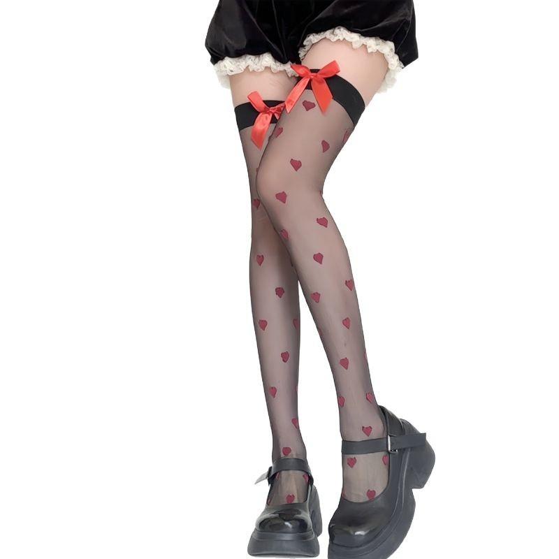 Love Bow Thigh Socks Party Sweet Cute Ultra-Thin Knee Socks Women'S Pure Desire Red Bow Stockings