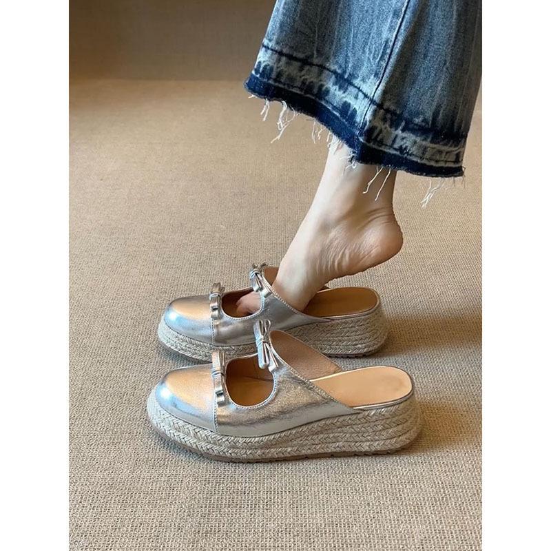 Sheepskin bow thick-soled heightening bag head half slippers women's summer wear casual versatile light mouth one-pedal single shoes