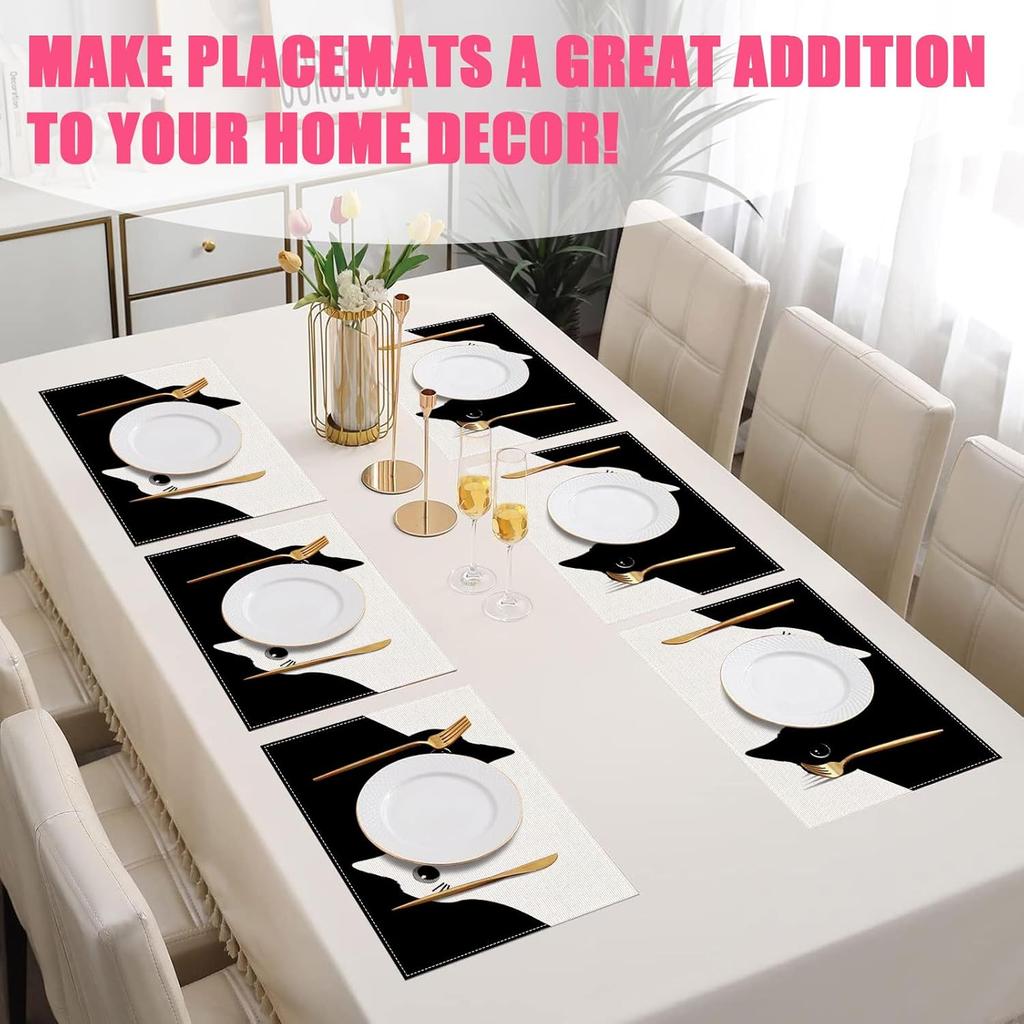 Cute Black White Cat Placemats Set of 6,12x18 Inch Animals Linen Place Mat