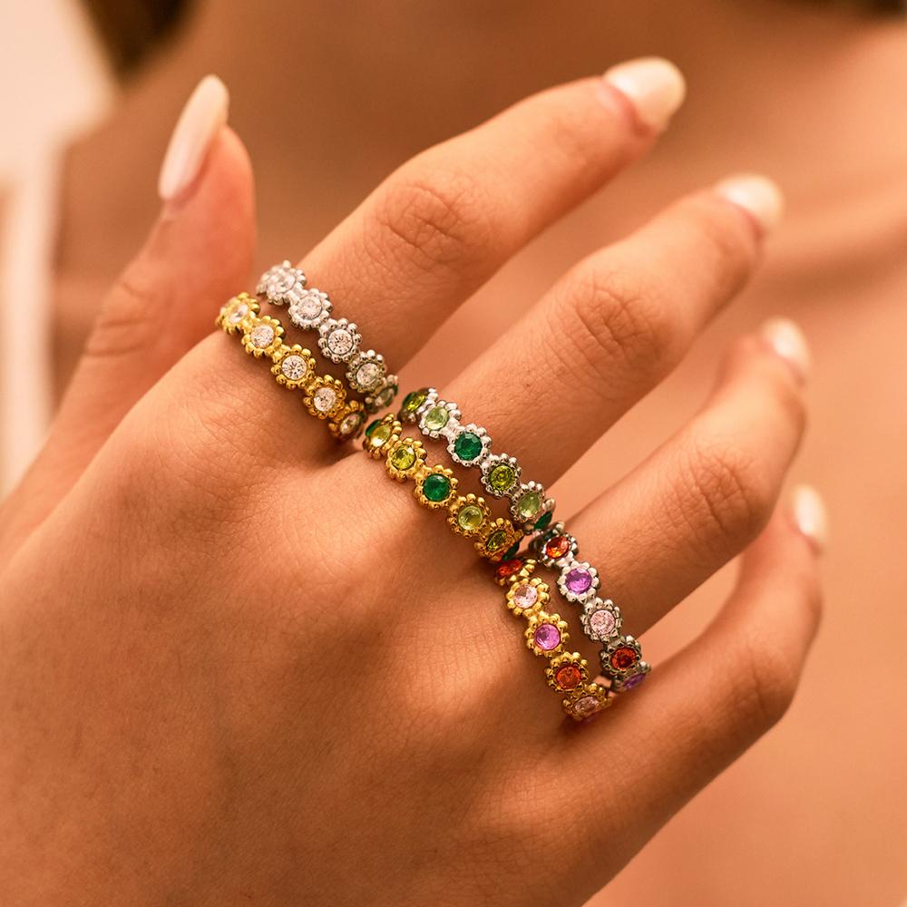 Stainless Steel Colorful Rhinestone Ring Women Lace Stackable Open Ring Exquisite Unique Wedding Couple Dating Jewelry Gifts