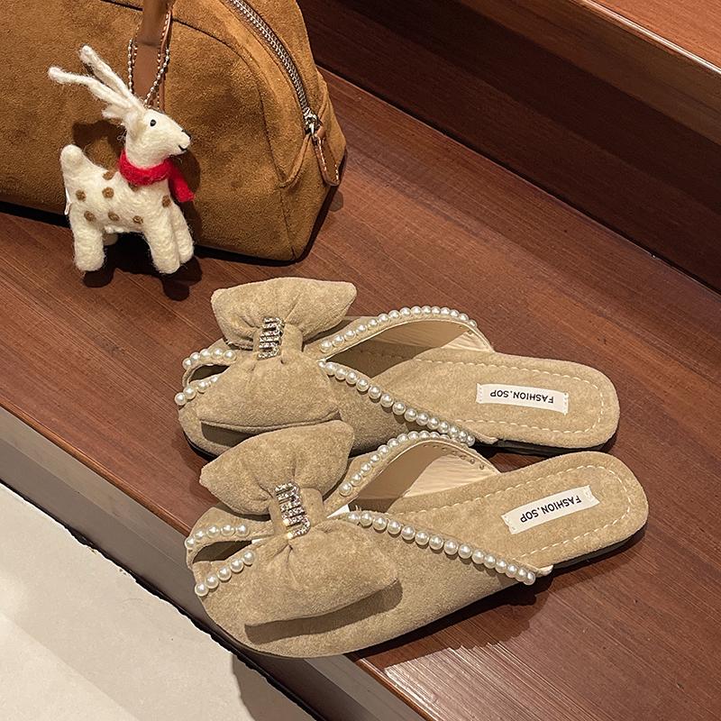 

Baotou полутапочки женские верхняя одежда лето новые жемчужный бант плоская подошва модные сандалии на низком каблуке тащить 40 бежевый