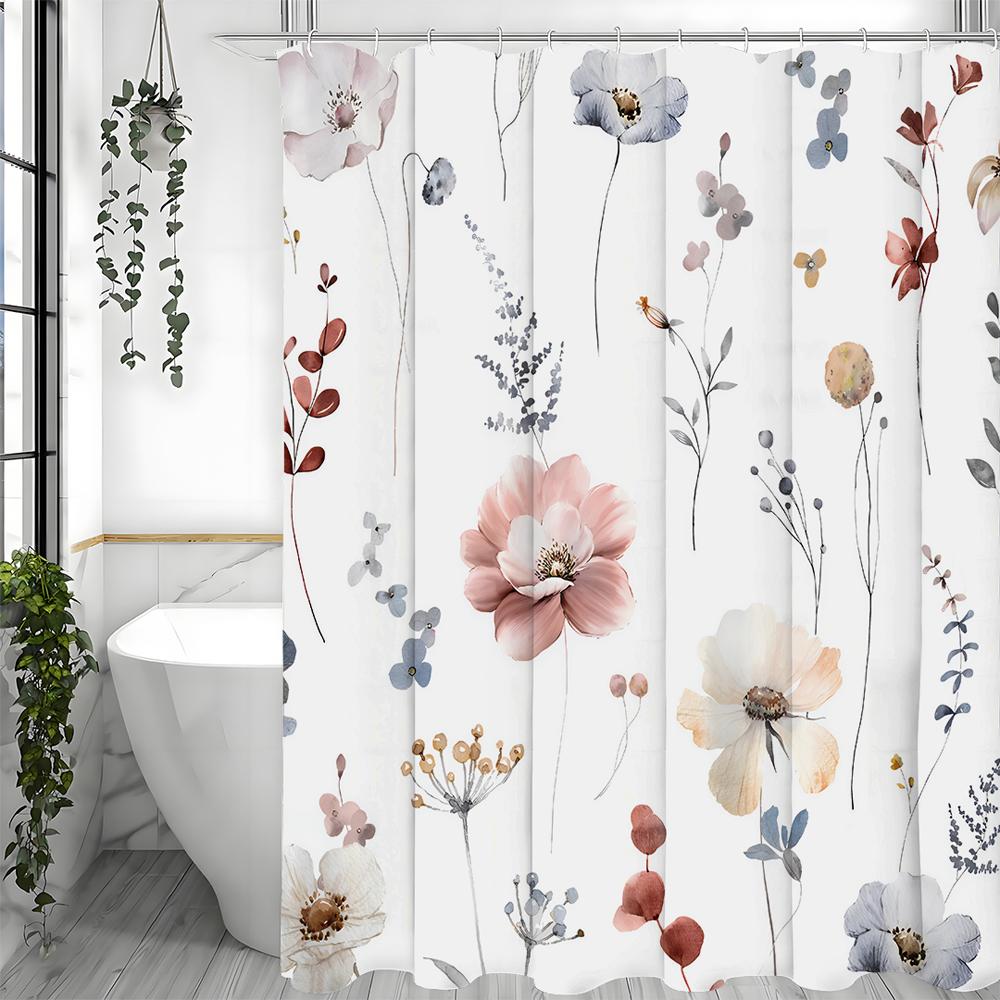 Watercolor Flower Shower Curtain, Bathroom Decorative Shower Curtain, Waterproof Shower Curtain with Hooks