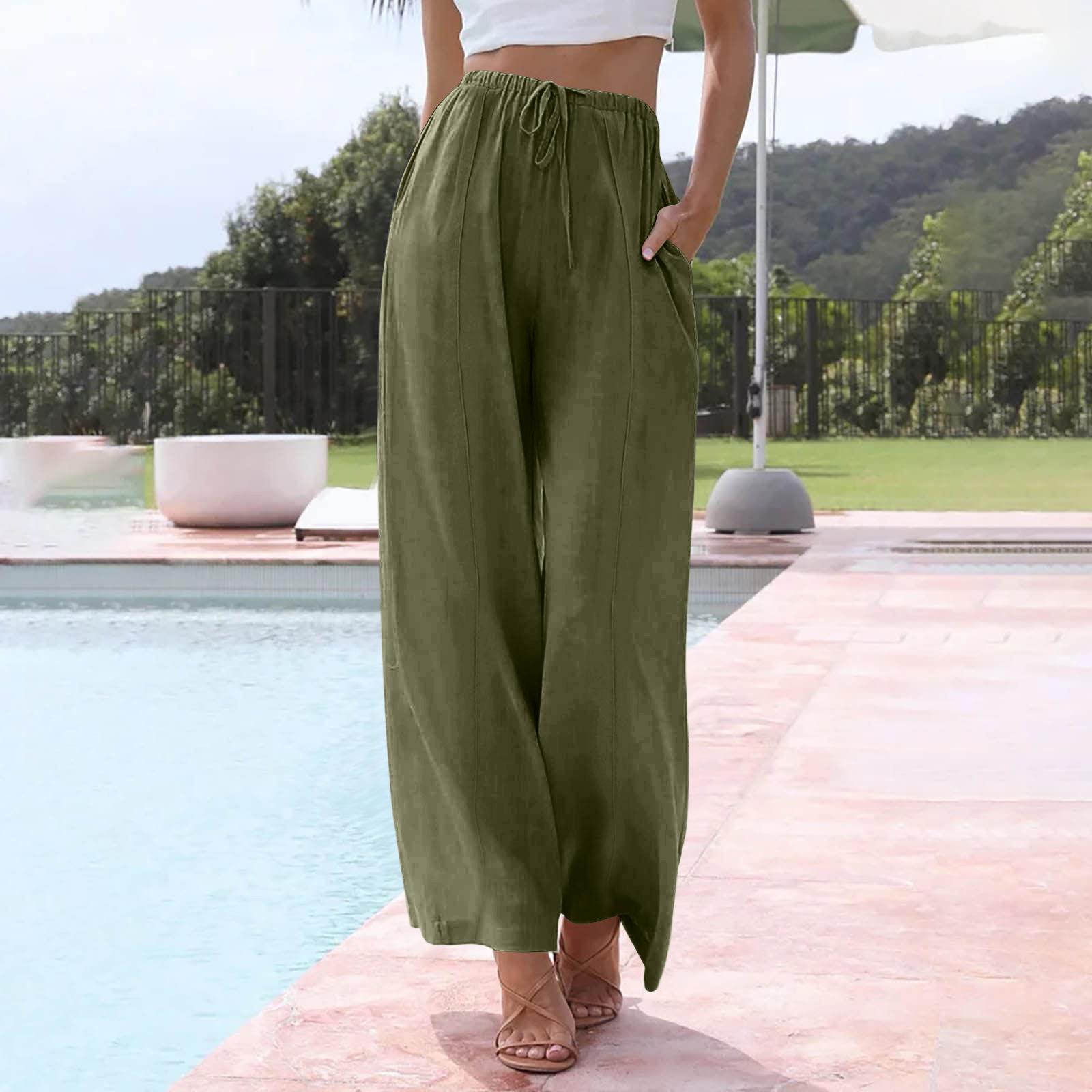 Women s Casual Relaxed Fit High-Waisted Belted Pocket Cotton-Linen Blend Trousers L