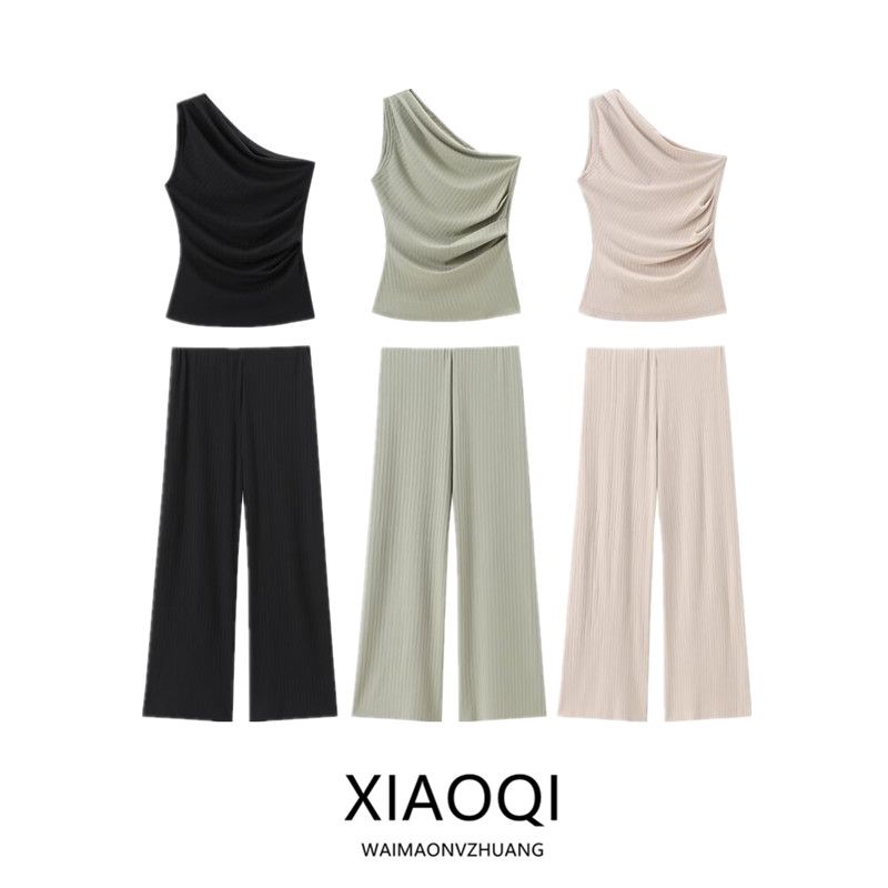 Fashion Style 2024 Summer New Women's Clothing Ruched Fabric Rib Asymmetric Collar Sleeveless Tops 1165455