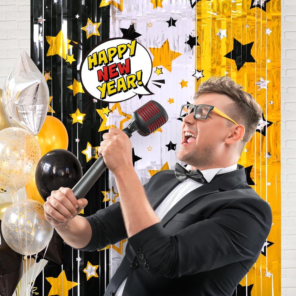 LOLStar New Years Eve Party Supplies 2026, 2 Pack Black Gold Silver Star Pattern New Years Decorations 3.3X6.6 Ft Foil Fringe Curta NYE Backdrop