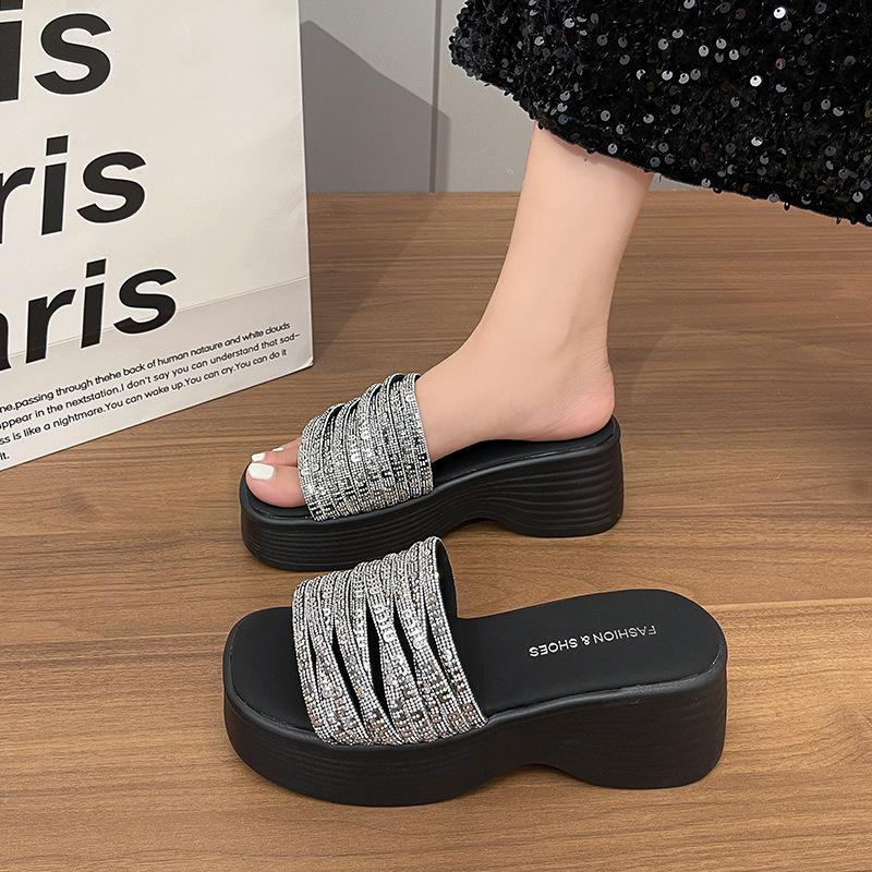 Thick-soled Heel Rhinestones 2025 Summer New Skirt Outer Wear with Fairy Wind Slope One-word Slippers Open-toed Cool Slippers