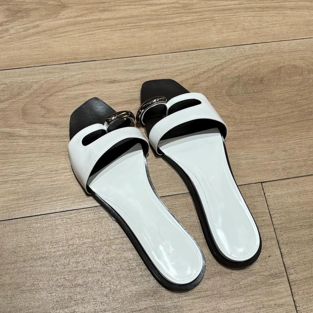 Rindslederversion~ Französische High-End-Metallschnalle Zehenbedeckung flacher Boden Ein-Wort-Slipper Damen Oberbekleidung 2025 Sommer coole Slipper