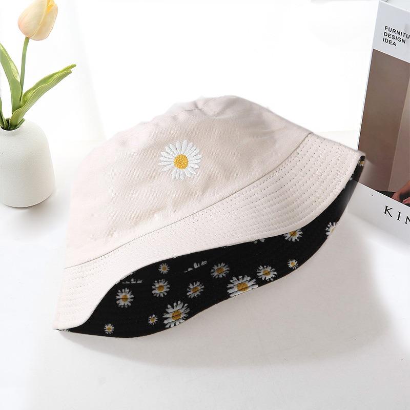 Double-sided Fisherman Hat Sun Protection Cap Cotton Outdoor Sun Hats Daisy Flower Print Student Pot Hat