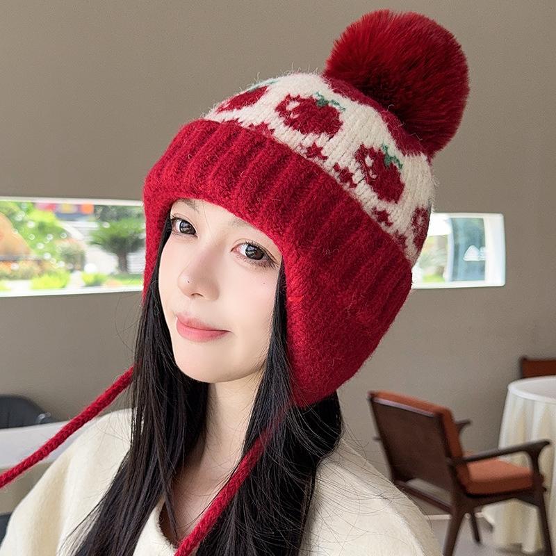 Autumn and Winter New Fair Isle Style Hat for Women Wool Ball Ear Protection Woolen Hat  Small Face  Warm Knitted Cold Hat  Trendy