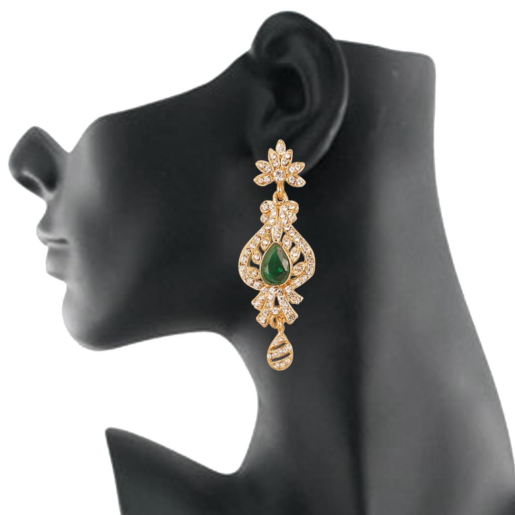Touchstone India Bollywood Aspirations Traditional Indian Peacock Motif Faceted Faux Emerald Gold Tone White Rhinestones Spectacular Designer Bridal