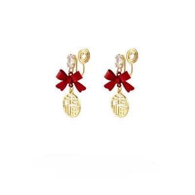 Red Bow Earrings Luxury Female No Piercing Mosquito Coil Ear Clip