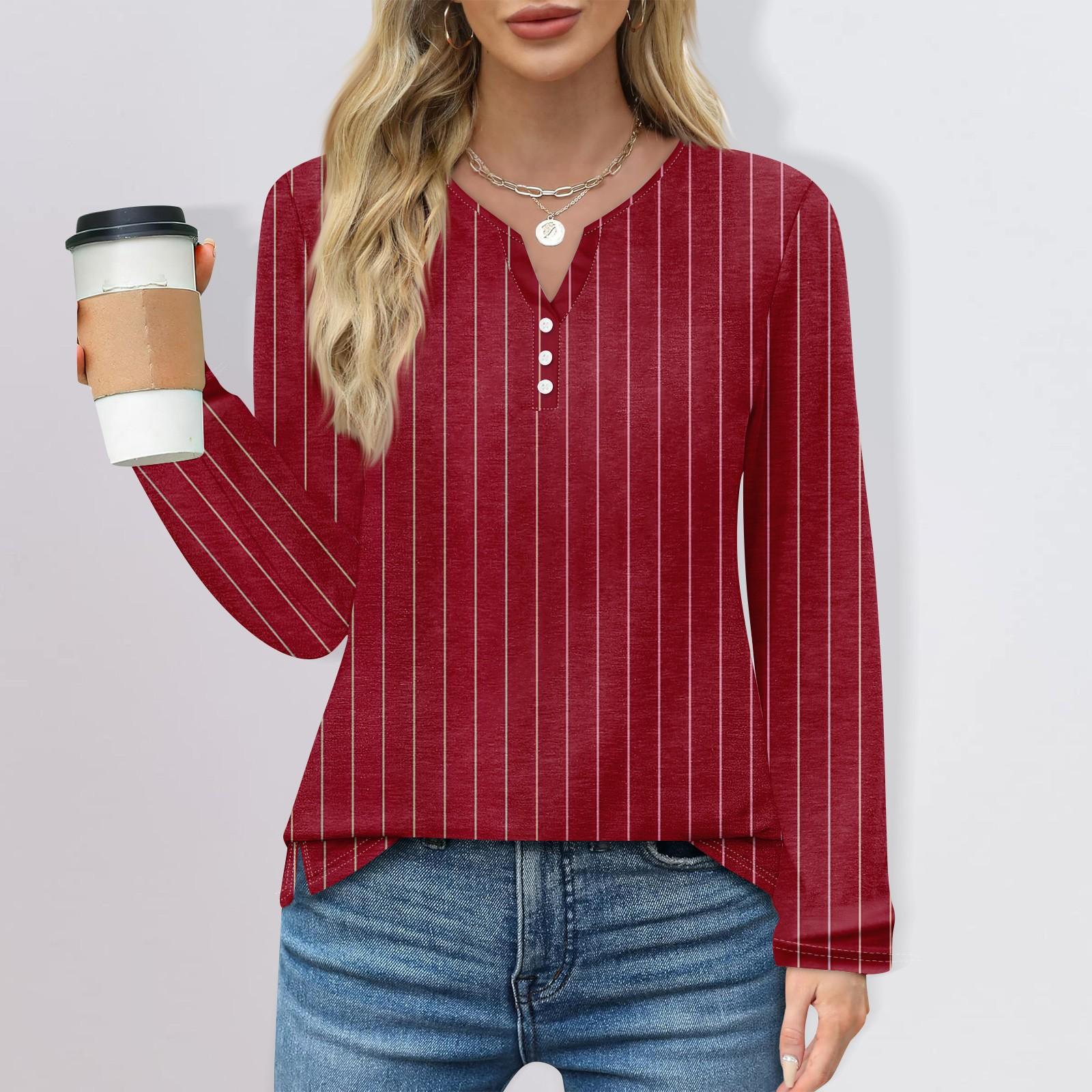 

Женская мода повседневный топ с разрезом по низу и принтом в полоску и круглым вырезом с длинными рукавами L винный