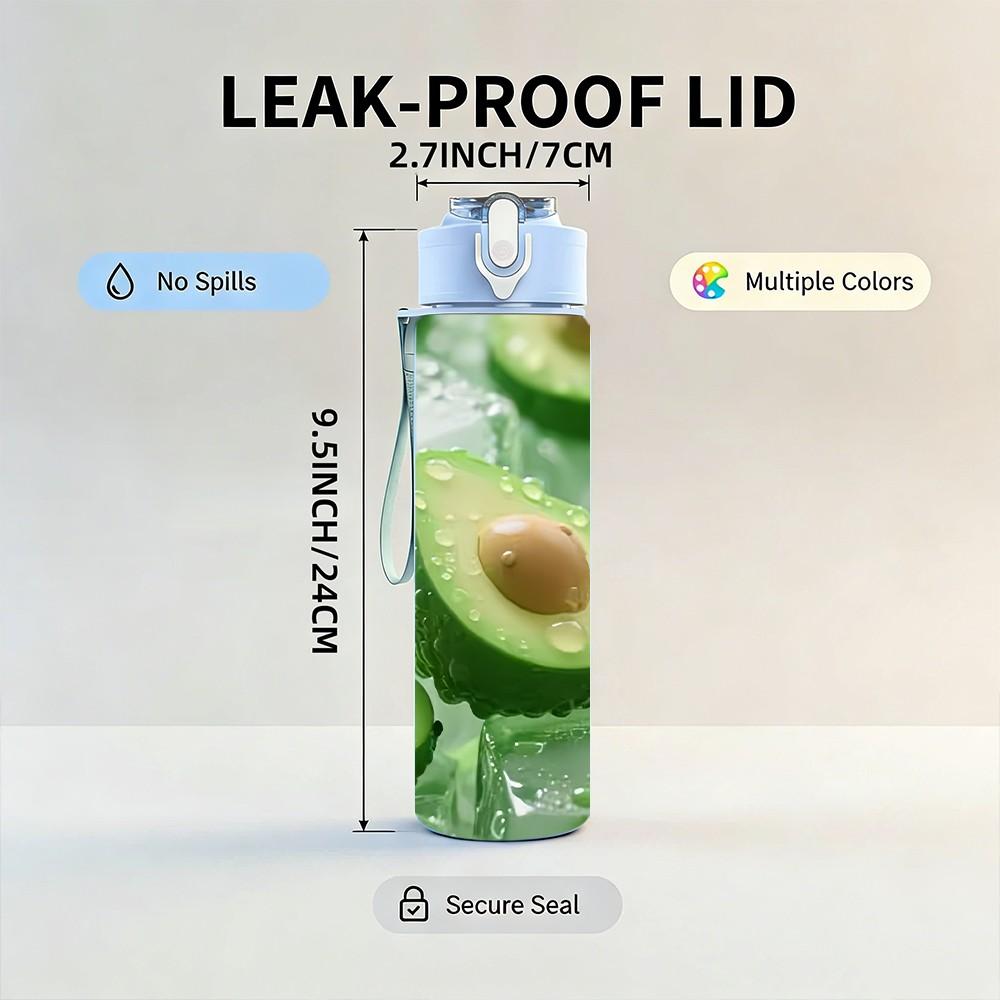 1PC Fresh Sliced Avocado Fruit Print 750ml Color Plastic Sports Water Bottle Leakproof Flip Straw Lid Suitable for Sports Office Home Use