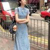 New Chinese National Style Blue Cheongsam Collar Polka Dot Buckle Dress Women's Summer New Slim-fitting Waist-wrapped Hip Dress