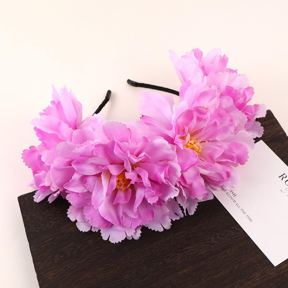 Handmade Women Flowers Headband Braided Wreath Artificial Flower Hairband Headwear Elegant Design Peony Flower Crown Beach фиолетовый