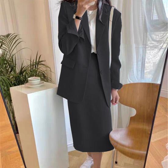 2Pcs/Set Women Suit Set Lapel Long Sleeve Flap Pockets Suit Coat High Waist Midi Skirt Set Solid Color Office Lady Suit Workwear