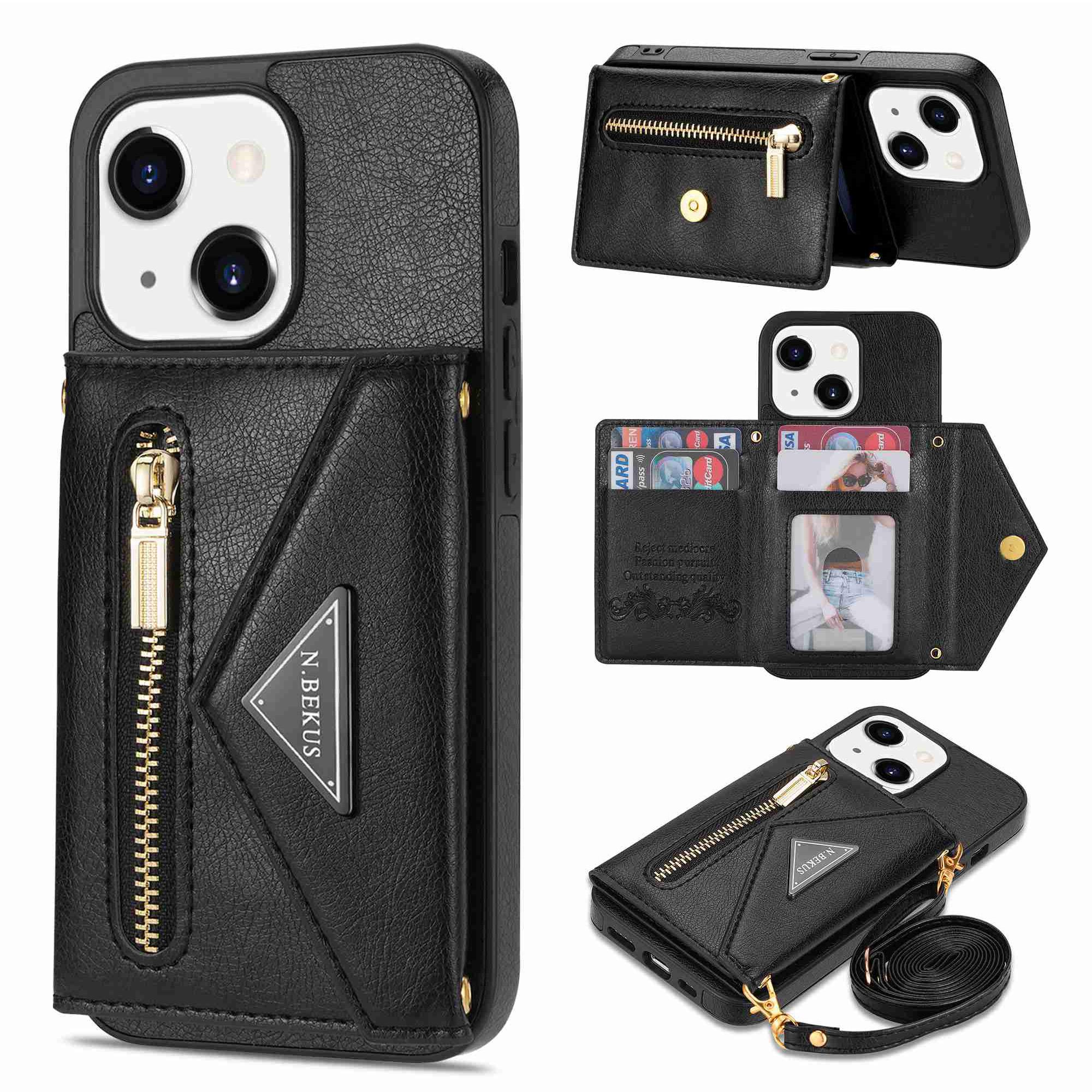 

N.BEKUS PU Leather+TPU Cover for iPhone 15,Zipper Pocket Wallet Kickstand Phone Case with Shoulder Strap Black