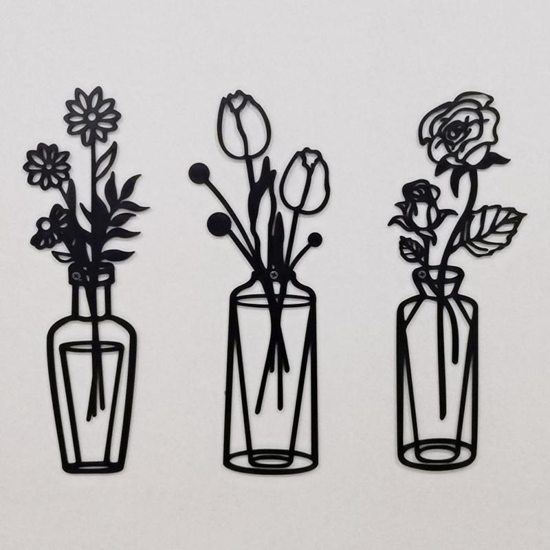 Blumenvase, Wandkunst, Dekoration, einfache Metall-Eisen-Vase, Wanddekoration, schwarze hängende Blumenskulpturen