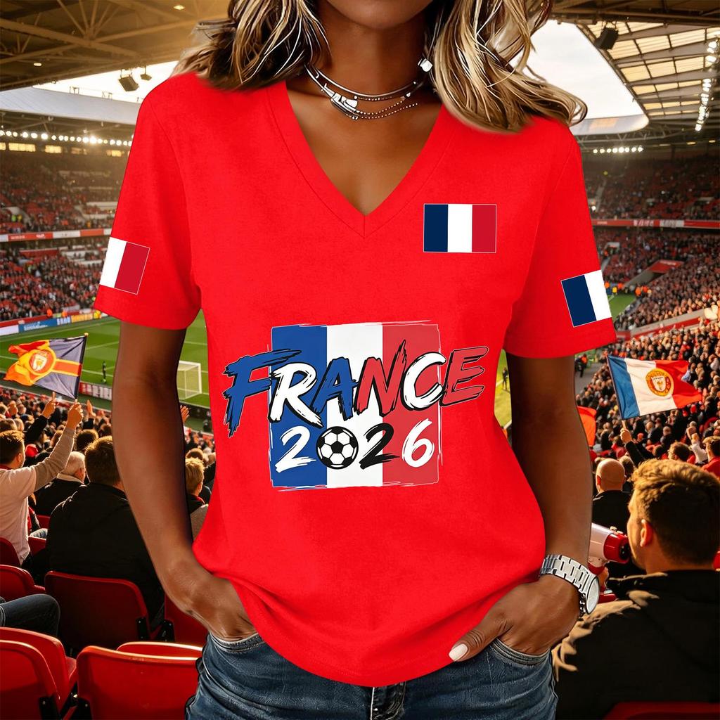 Women's Casual V Neck Pullover Top Short Sleeve Soccer Fan Shirt National Flag Print Support Tee for Outdoor Activities