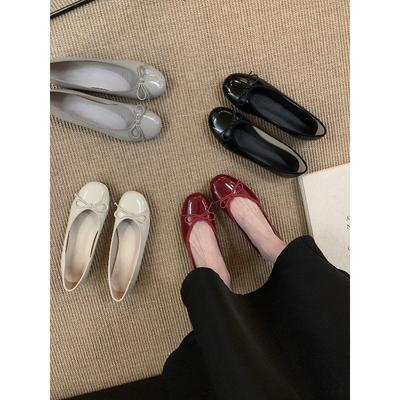 Bow Shallow Mouth Single Shoes Women's Shoes Spring and Autumn Retro Gentle Evening Breeze Flat-soled Beanie Shoes
