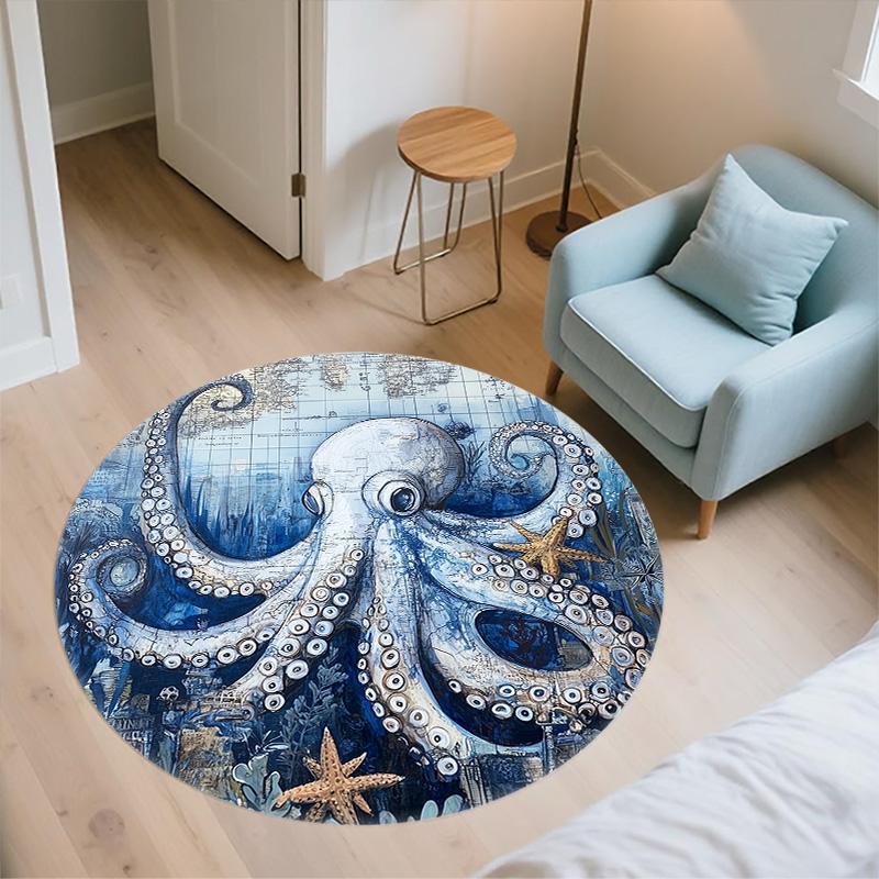 Aquarell-Oktopus,Runder Teppich,Teppich für Wohnzimmer Schlafzimmer Sofa Spielzimmer Dekor,Rutschfeste Fußmatte