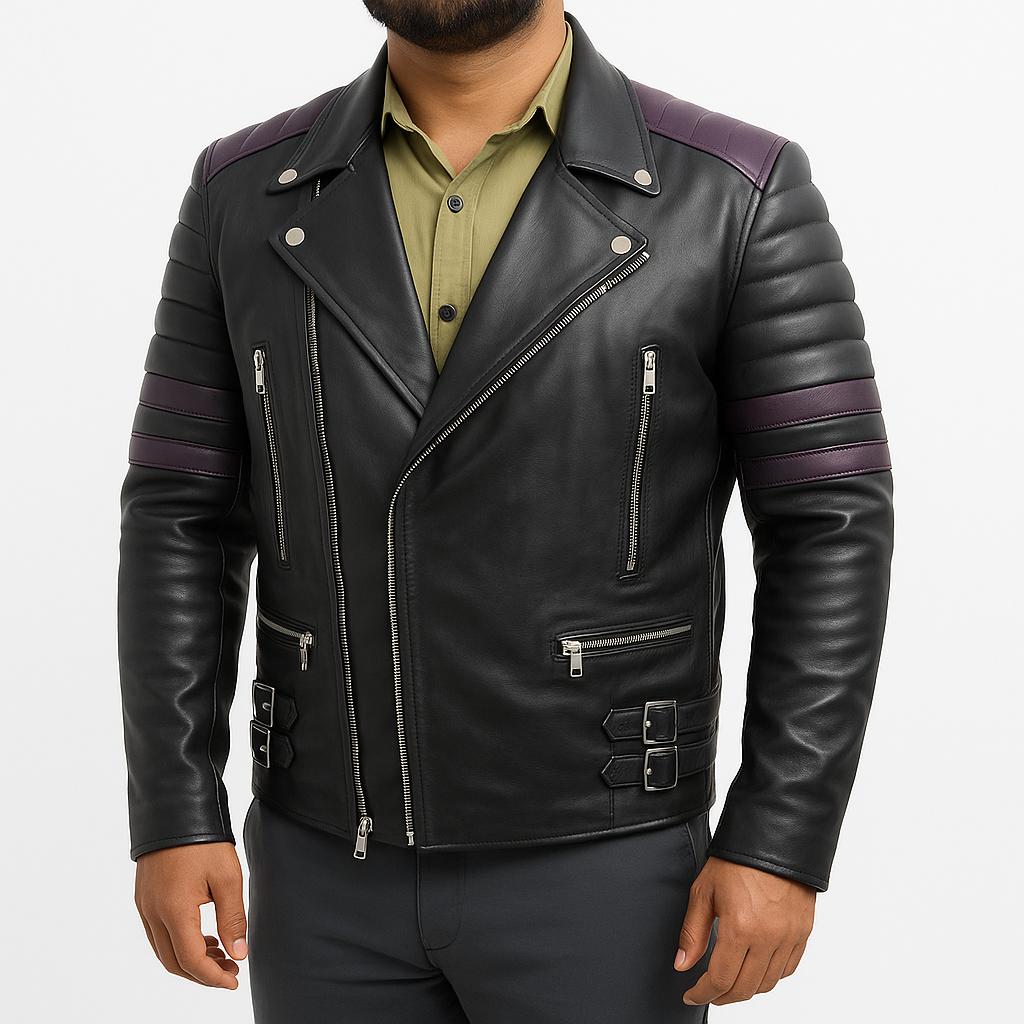 

Noora Men s Leather Black & Purple Combination Quilted Jacket |Black Jacket With Purple Strips Quilted Leather Jacket XL чорний