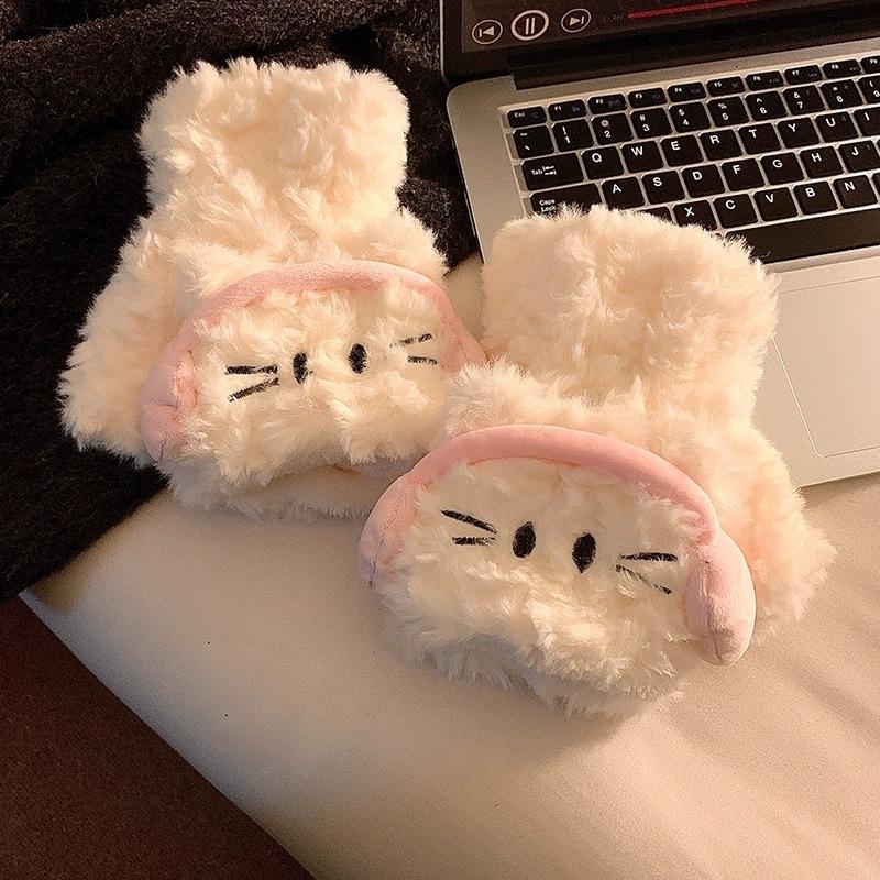 Cute earphones cat plush half finger windproof gloves warm student cartoon cold gloves