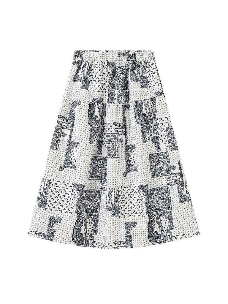 Louvre Winter Japanese Retro Paisley Patchwork Elastic Waist Long Skirt for Women