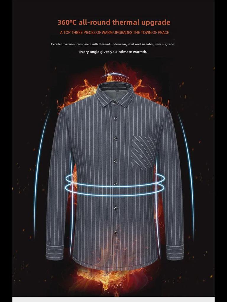 Men's Luxe Double-Sided Velvet Thickened Striped Plaid Long Sleeve Shirt for Autumn and Winter