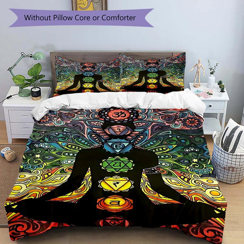

3pcs Chakra Meditation Silhouette Comforter Set with One Quilt Cover and Two Pillowcases (No Core), Perfect for Bedroom or Guest Room Decoration, Feat 135x200cm