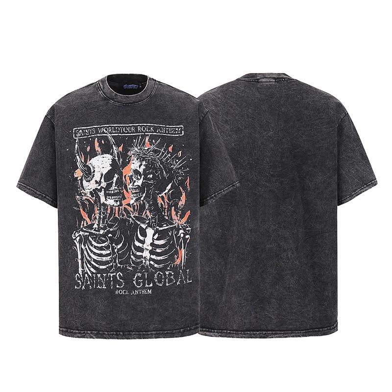 American Heavy Cotton Skull Print T-Shirt Vintage High Street Retro Washed T-Shirt Loose Short Sleeve Men