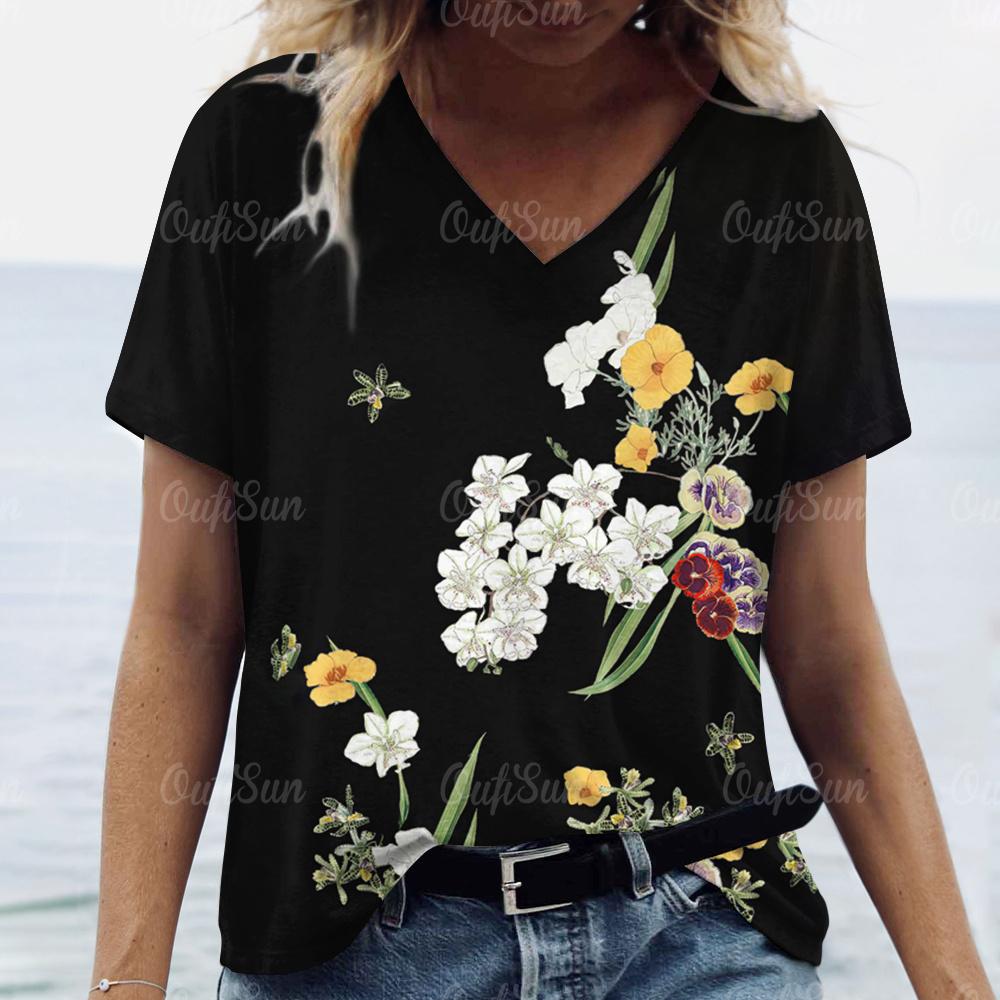 2024 Women T Shirt Summer Floral T-Shirt Plus Size Women's Clothing Oversized Designer Short Sleeve Shirt Women V Neck Blouse
