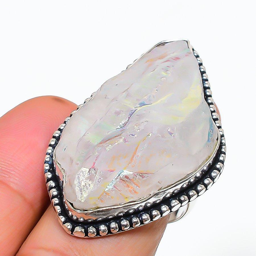 Natural Crystal Titanium Quartz Gemstone 925 Sterling Silver Jewelry Ring Size 9 C9n84
