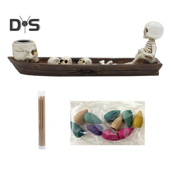 

Держатель для благовоний Gothic Falls, набор для ароматерапии, подставка для палочек-скелетов с 10 конусами для отлива, курильница в форме черепа и лодки A