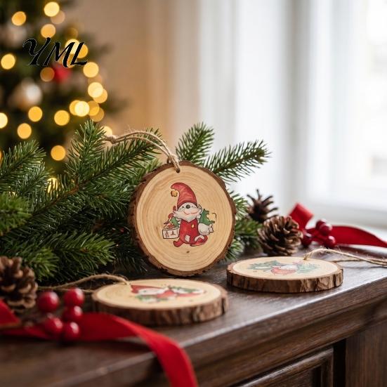 DIY Holiday Craft Supplies 12/24/36Pcs Christmas Gnome Wooden Ornaments, Round Wood Slice Hanging Decorations, Santa Party Ornaments Print Designs for