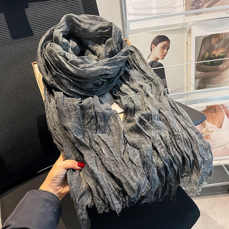 Japanese pleated solid color spring and autumn cotton and linen scarf silk scarf women's literary summer shawl Korean version scarf yarn versatile