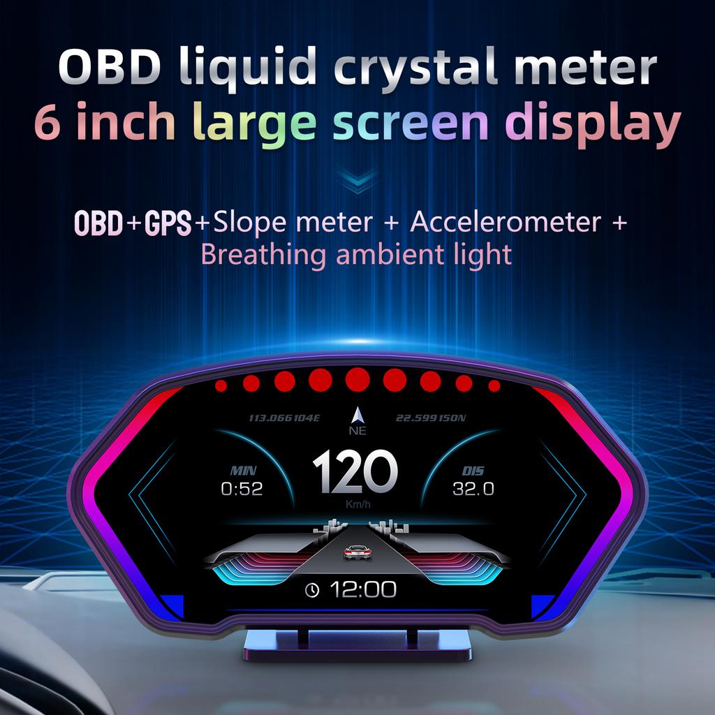 P3 HUD OBD / GPS Car Digital Head Up Display 6 Inch Large Screen Slope Meter Gauge RPM Voltage Water Temp Compass Speedometer