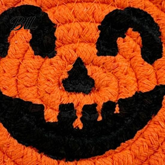 Halloween Kitchen Tableware Pumpkin Cotton Rope Coaster, Handwoven Placemat with Funny Face, Iron Reusable Drink Coasters Craft Table Mat for