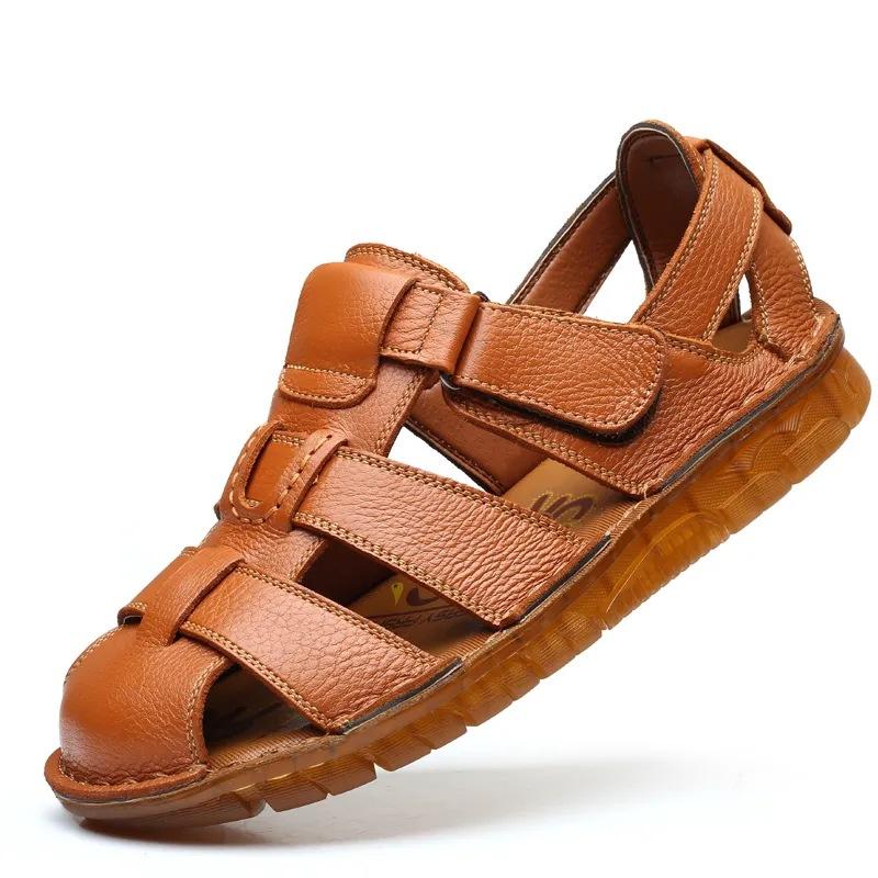 

Мужские новые кожаные туфли, мужские сандалии из натуральной кожи, сандалии с капюшоном, подошва из коровьей кожи, повседневная пляжная обувь Two on, модная мужская обувь 44 жёлтый