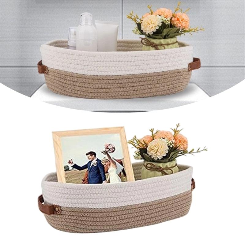 Natural Cotton Rope Oval Storage Basket Featuring Sturdy Leather Handles For Home Use