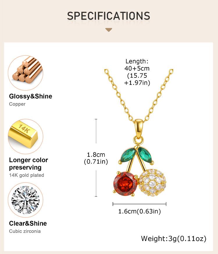 Delicate Red Cherry Pave Zirconia Pendant Necklace for Women, Fruit Summer Jewelry