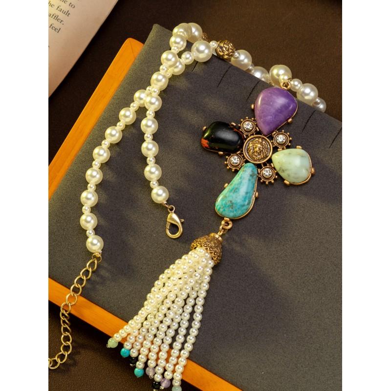 Vintage Four Leaf Clover Pearl Tassel Pendant Western Antique Necklace Versatile Natural Stone