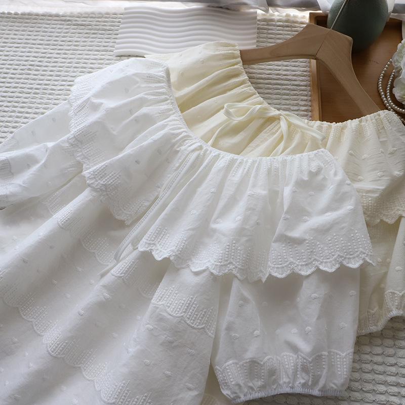 

2025 Summer Korean Sweet Ruffle Tie-Up Bubble Sleeve Women s Top One Size