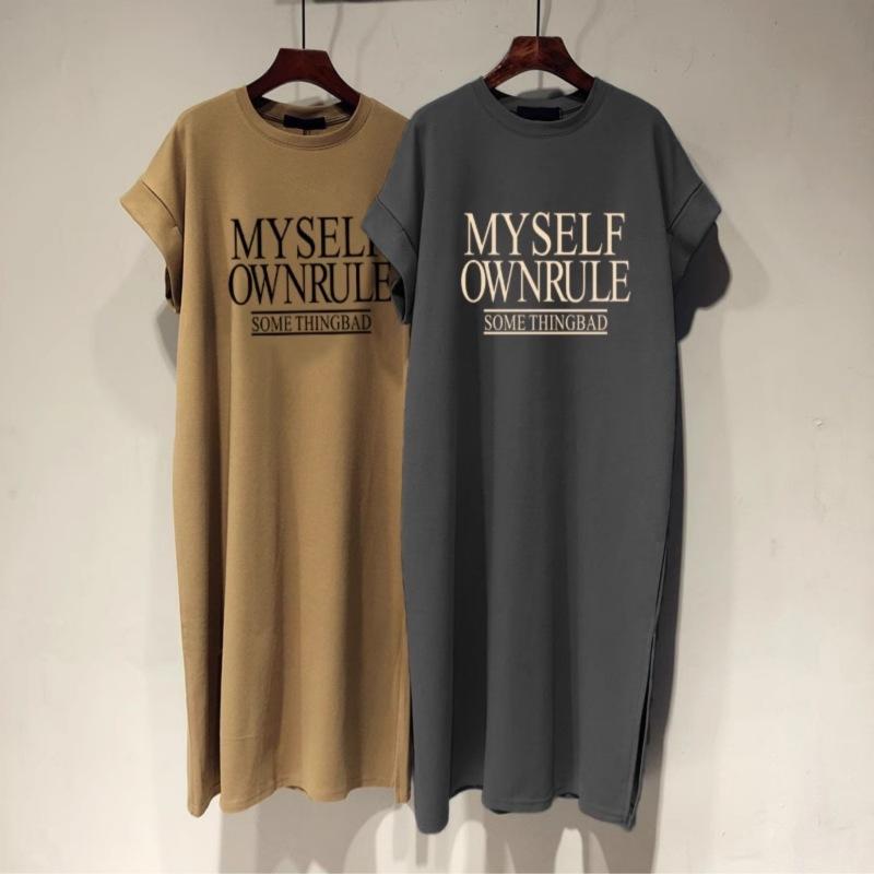 

Футболка с коротким рукавом из чистого хлопка, длинная юбка, женская новая модель средней длины, корейская версия, свободная, повседневная, большого размера, платье с маленькими рукавами-крылышками XL