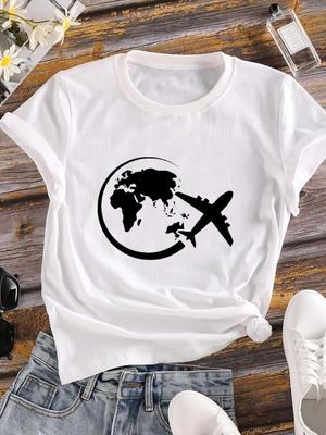 (Asian Size) Travel Trend Lady O-neck T Shirt Clothing Printed Female Top Casual Fashion Women Graphic Tee Short Sleeve T-shirts