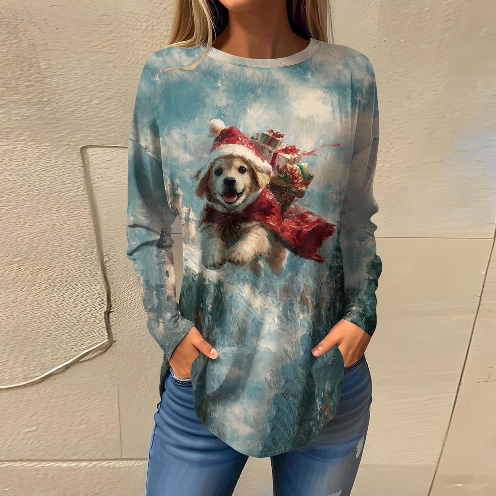 Tee Shirts For Women Casual Round Neck Long Sleeve Shirts Christmas Printing Top Pullover