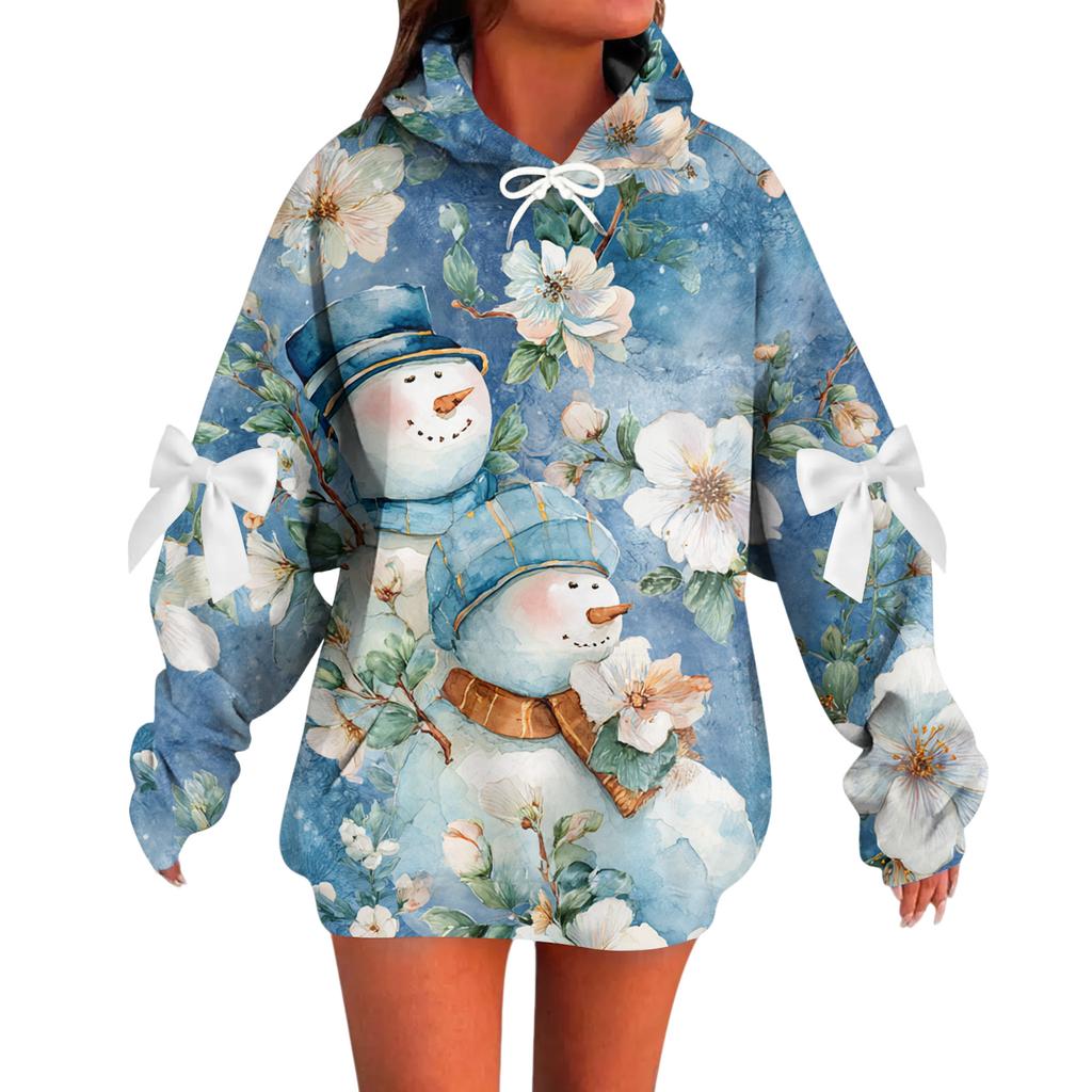 Ladies' Christmas Printed Bow Long Sleeved Loose Fitting Headband With Rope Hooded Sweatshirt Top